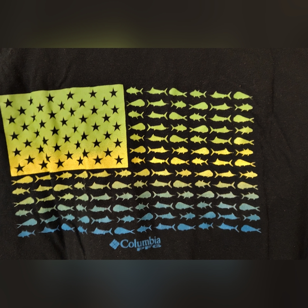 Columbia Sportswear PFG US Flag Fish Black Short Sleeve Cotton T-Shirt Men's M - Picture 3 of 5